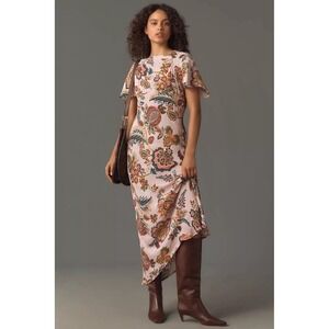 ANTHROPOLOGIE KACHEL Flutter Sleeve Bow Back Maxi Slip Dress Size 10 Pink Floral